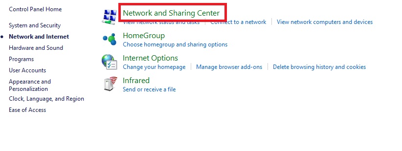 network and sharing center